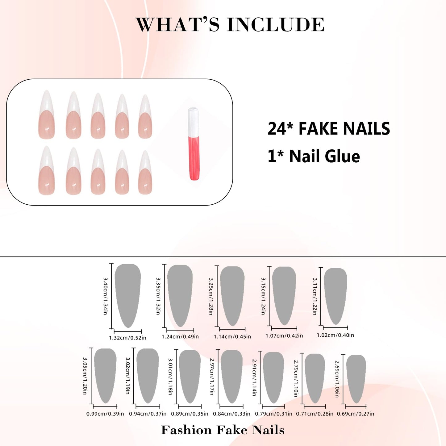 IMRAIN White French Tip Press on Nails Long Stiletto Fake Nails Reusable Glossy Acrylic False Nails Artificial Full Cover Nail Supplies, Nail Art DIY 12 Sizes - 24 Pcs