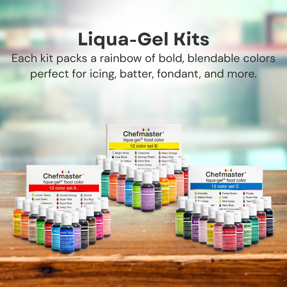 Chefmaster - Liqua-Gel Food Coloring - Fade Resistant Food Coloring - 12 Pack - Vibrant, Eye-Catching Colors, Easy-To-Blend Formula, Fade-Resistant