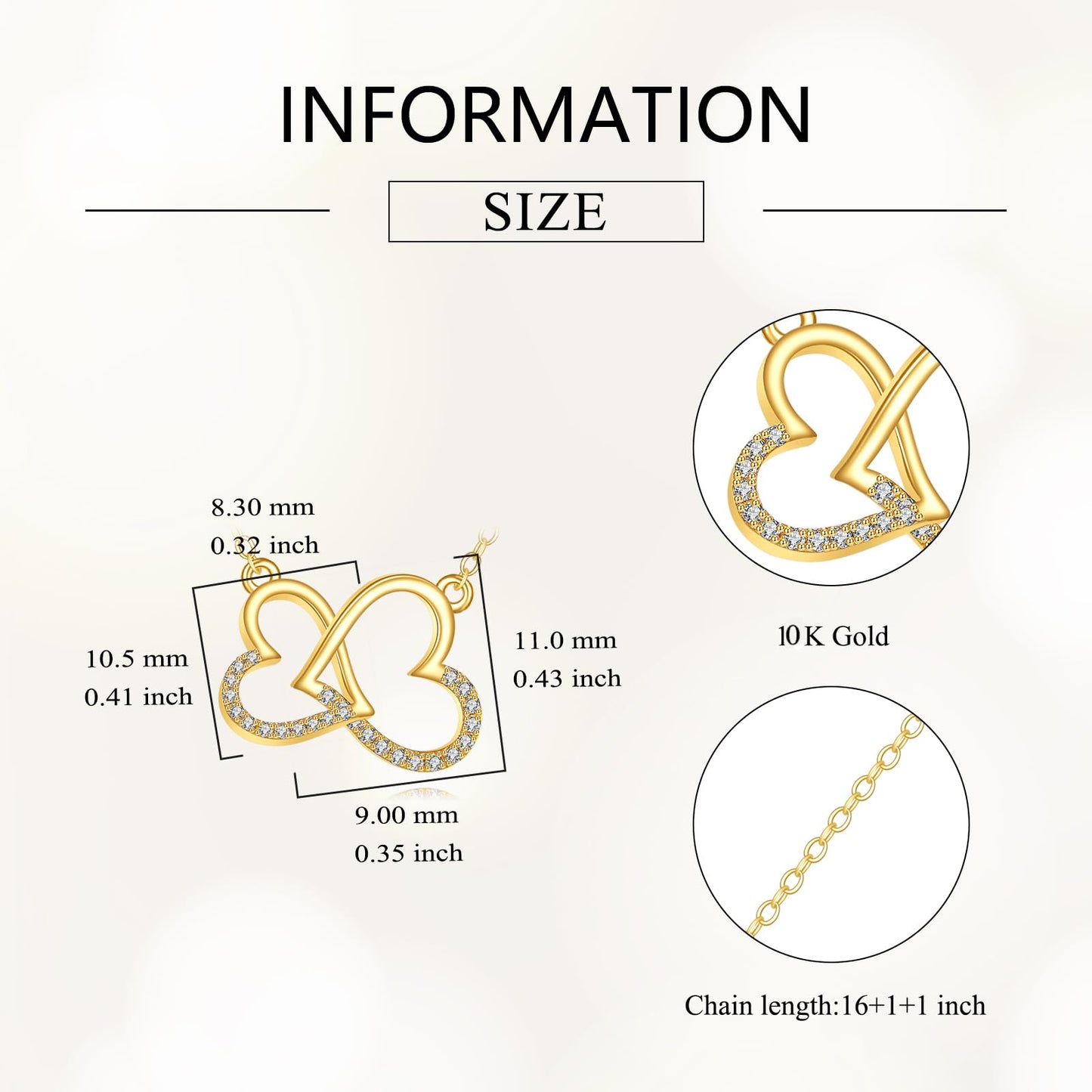 DOVRAN 10K Solid Gold Double Heart Necklace Heart Pendant Jewelry Gifts for Men Women