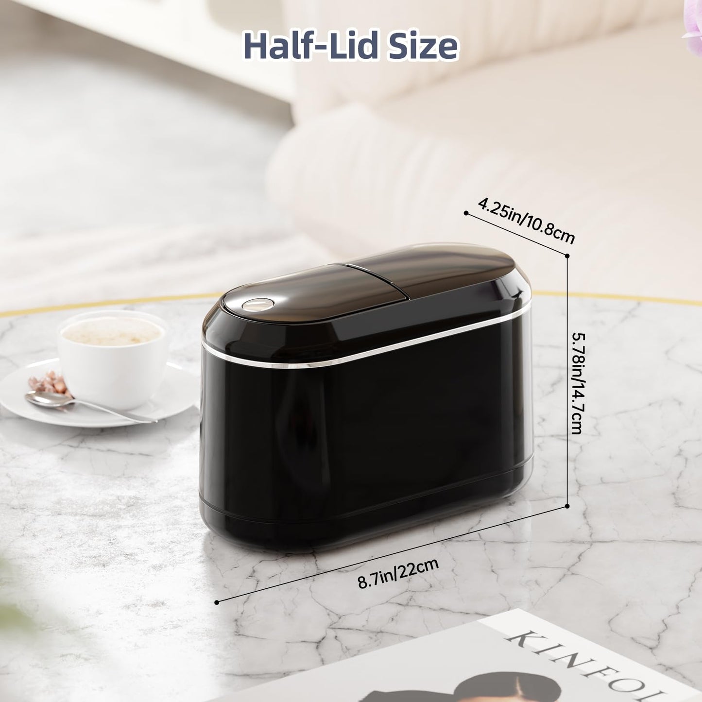 PAVSTINE Mini Trash Can for Desk with 5 Rolls of Trash Bags, Small Press-Top Countertop Garbage Bin, Removable Waste Basket for Bedroom, Vanity, Coffee Table, Kitchen (Black Half-Lid)