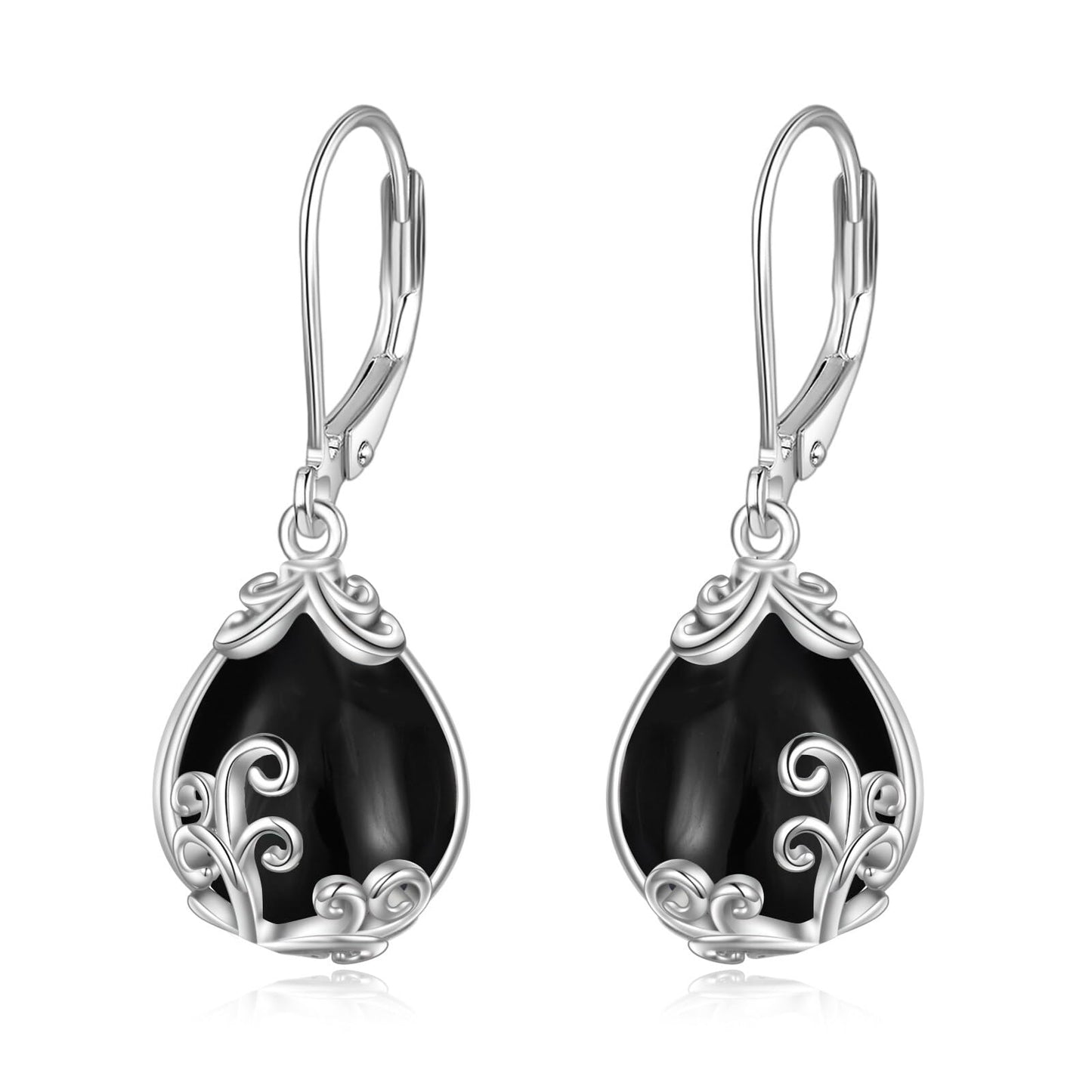 POPLYKE Black Tourmaline Filigree Teardrop Drop Dangle Earrings Sterling Silver Crystal Leverback Earrings Jewelry for Women