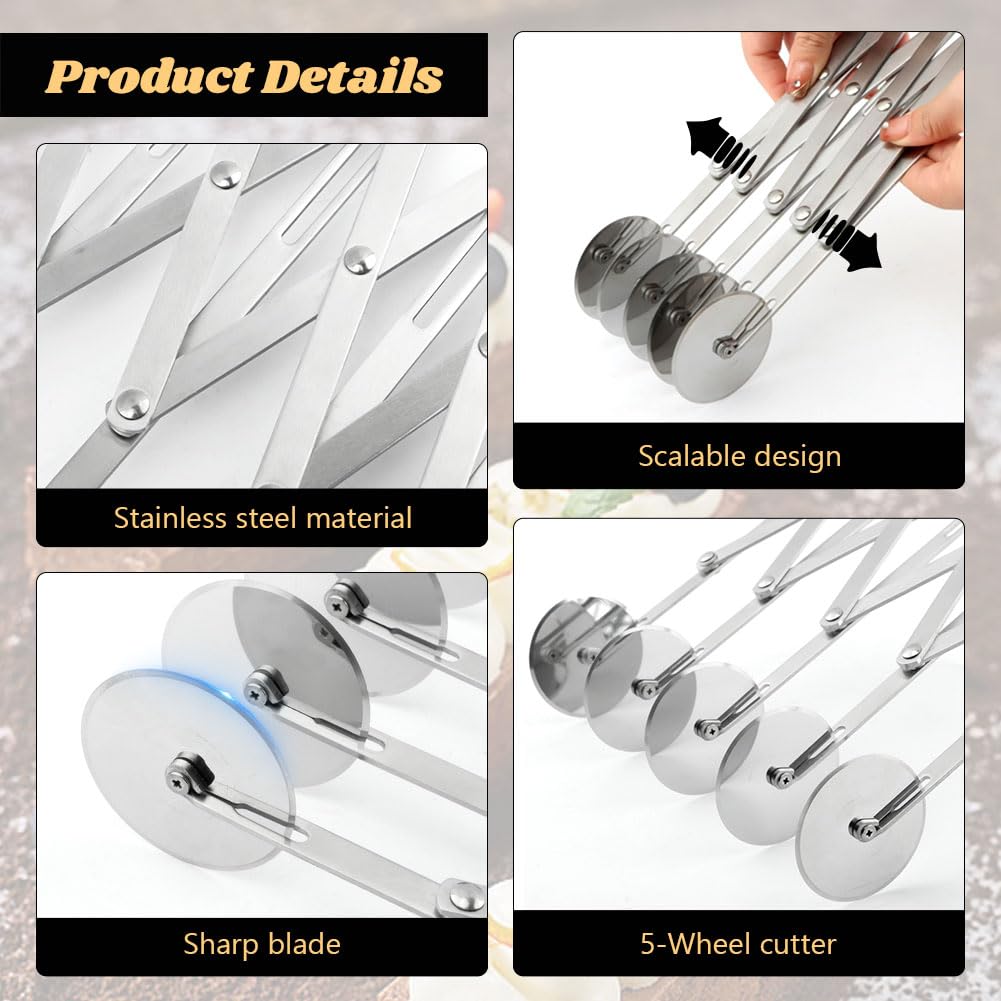 5 Wheel Stainless Steel Pizza Cutter with Double Wheel Dough Divider Expandable Multi Use Pastry Knife Baking Roller for Kitchen