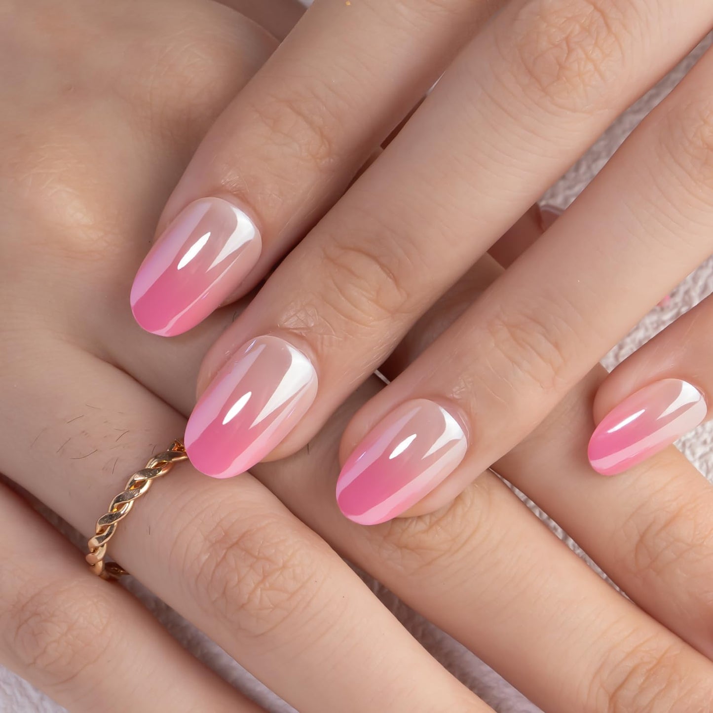 Curvlife Soft Gel Press On Nails Kit - 30pcs Full Cover False Gradient Bright Pink High-Shine Chrome Nail Tips Designs, Fake Nail with Nail Glue - Easy Application Nail Accessories for Women
