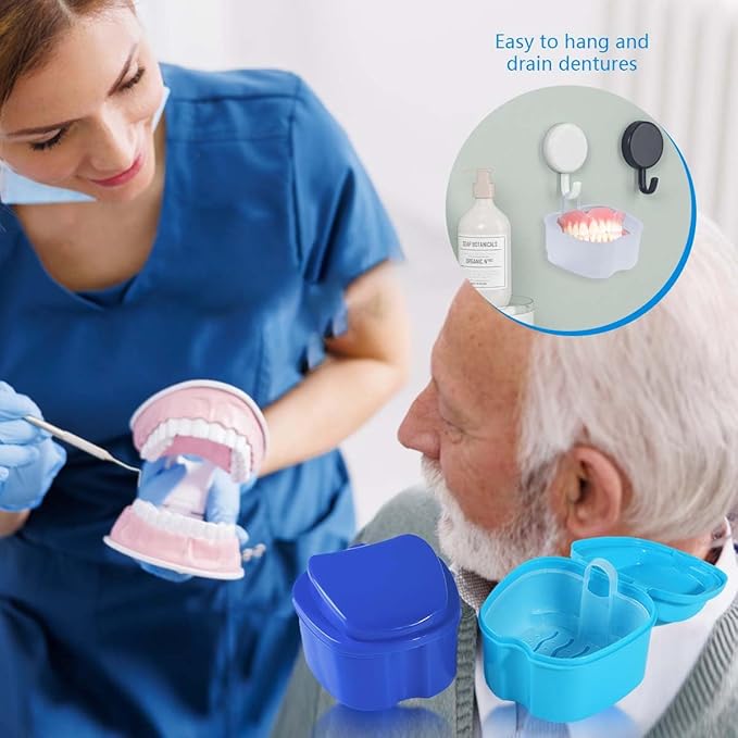 Light Blue Denture Bath Case Cup Box Holder Storage Soak Container with Strainer Basket for Travel Cleaning