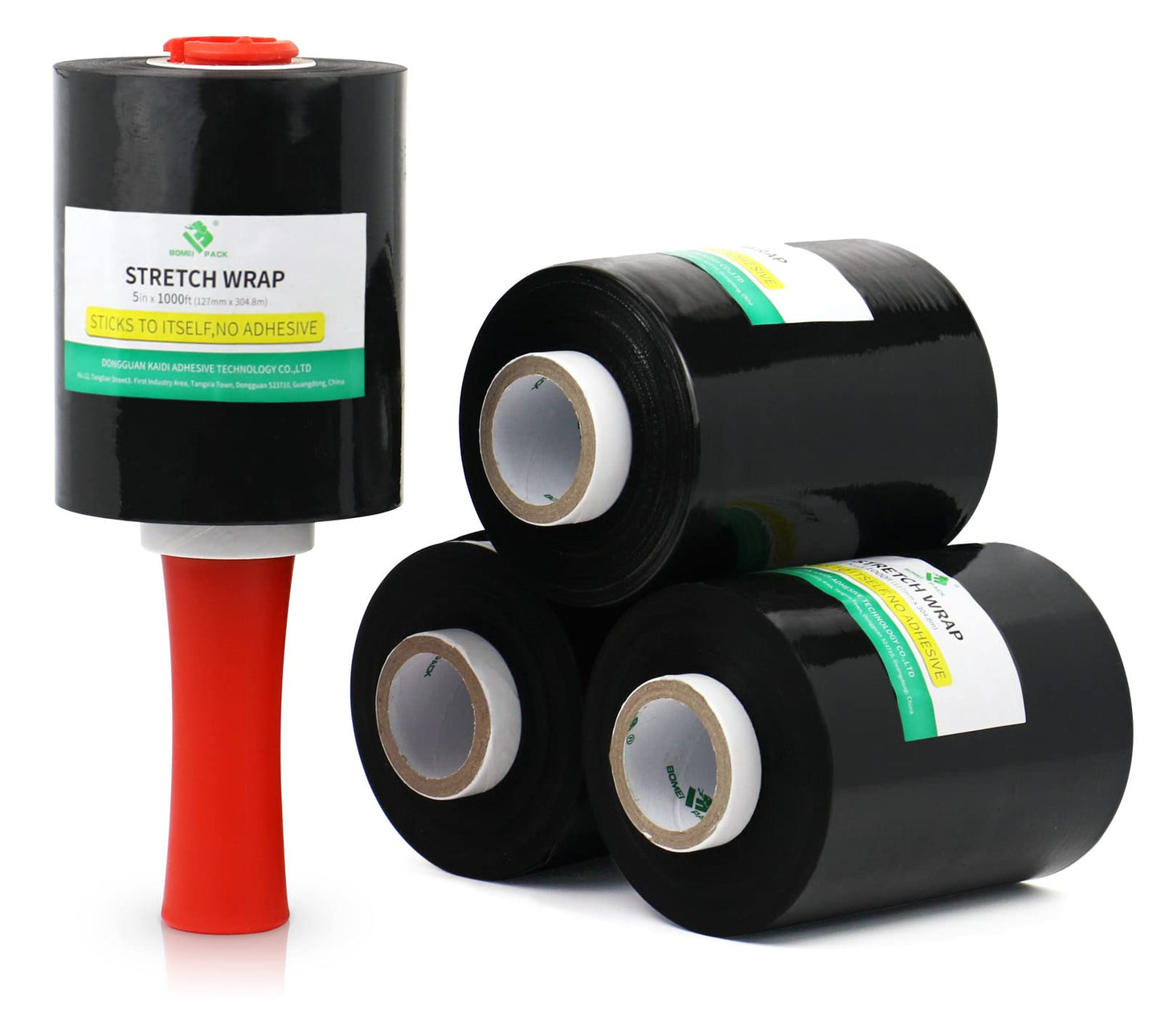 BOMEI PACK Mini Black Industrial Stretch Wrap Film 5" x 1000ft Roll with Handle, 80 Gauge Thick Cling Plastic Wrap for Moving, Pallet Wrap - Self Adhering Packaging Heavy Duty Shrink Film, 4 Pack