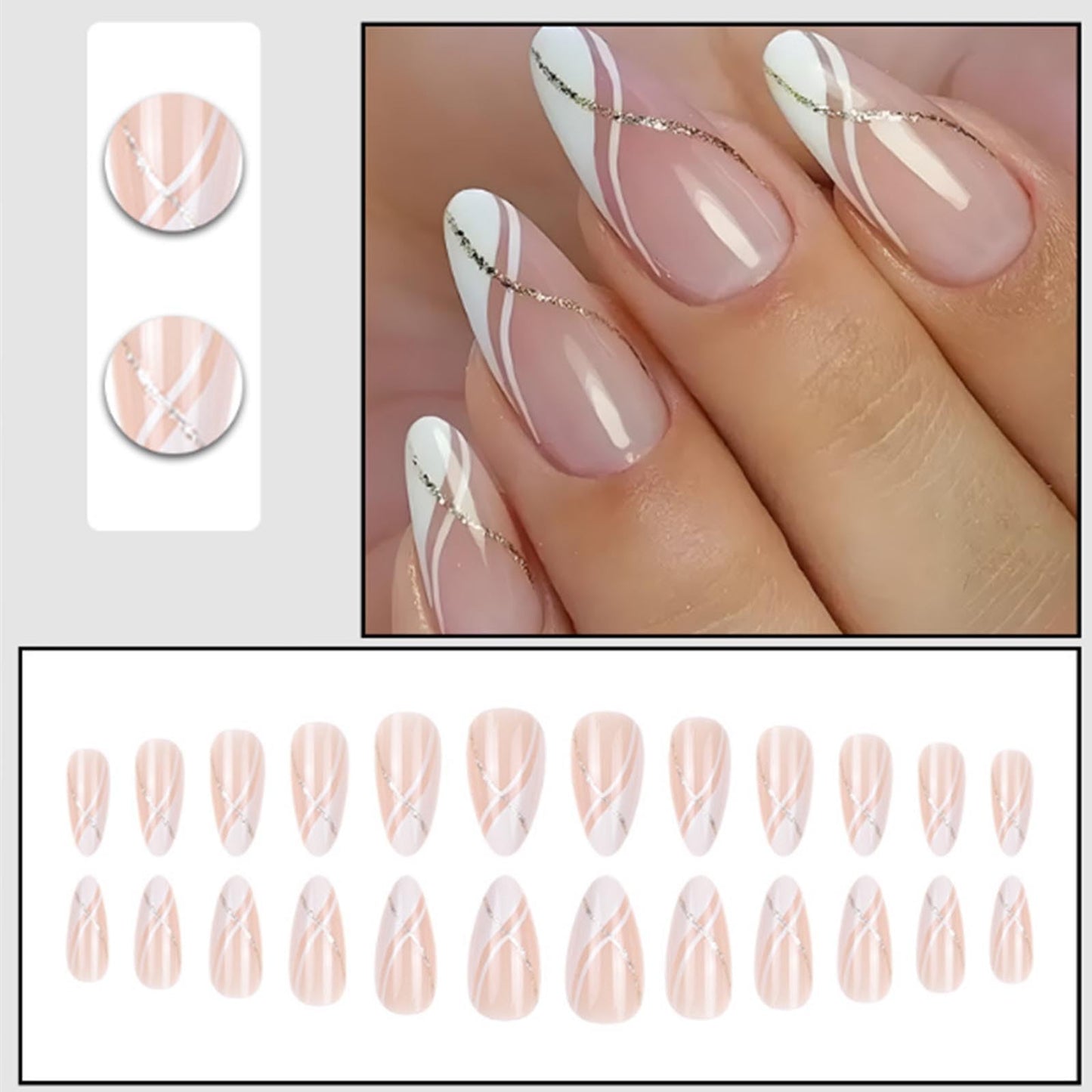Kamize Short Almond Fake Nails Press on Nails Full Cover Acrylic Swirl False Nails Glossy for Women 24PCS
