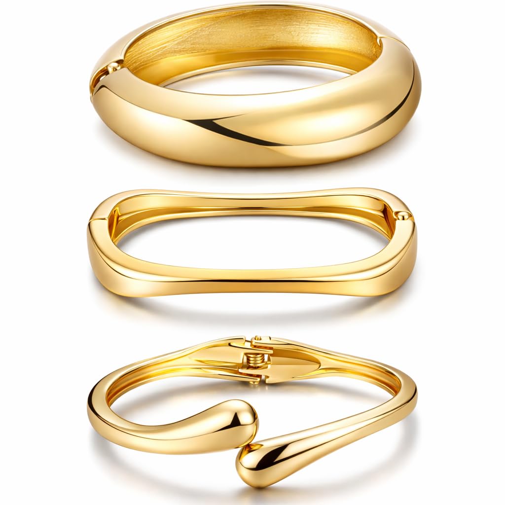 Chunky Gold Bangle Bracelets for Women, Dainty 14k Gold Plated Big Stackable Bangles Set, Trendy Statement Cuff Bracelet Stack Fashion Jewelry Gifts (Gold)