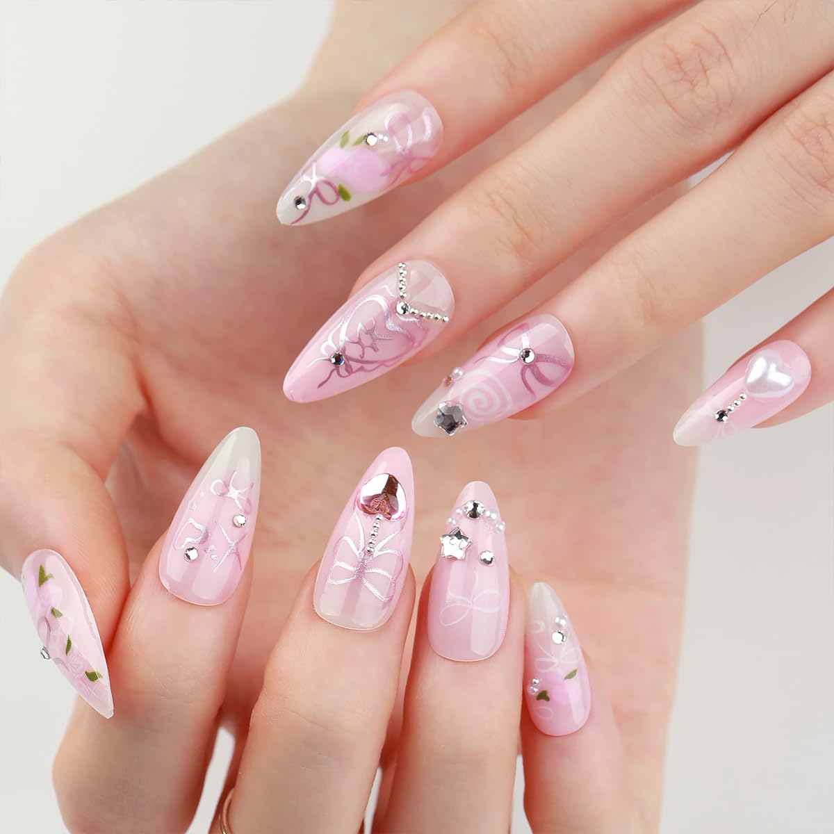 24Pcs Pink Bow Press on Nails Medium Almond Fake Nails Romantic Rose with Sparkly Pearl Design Heart False Nails Spring Summer Stick on Nails Handmade Full Cover Artificial Glue on Nails for Women DIY