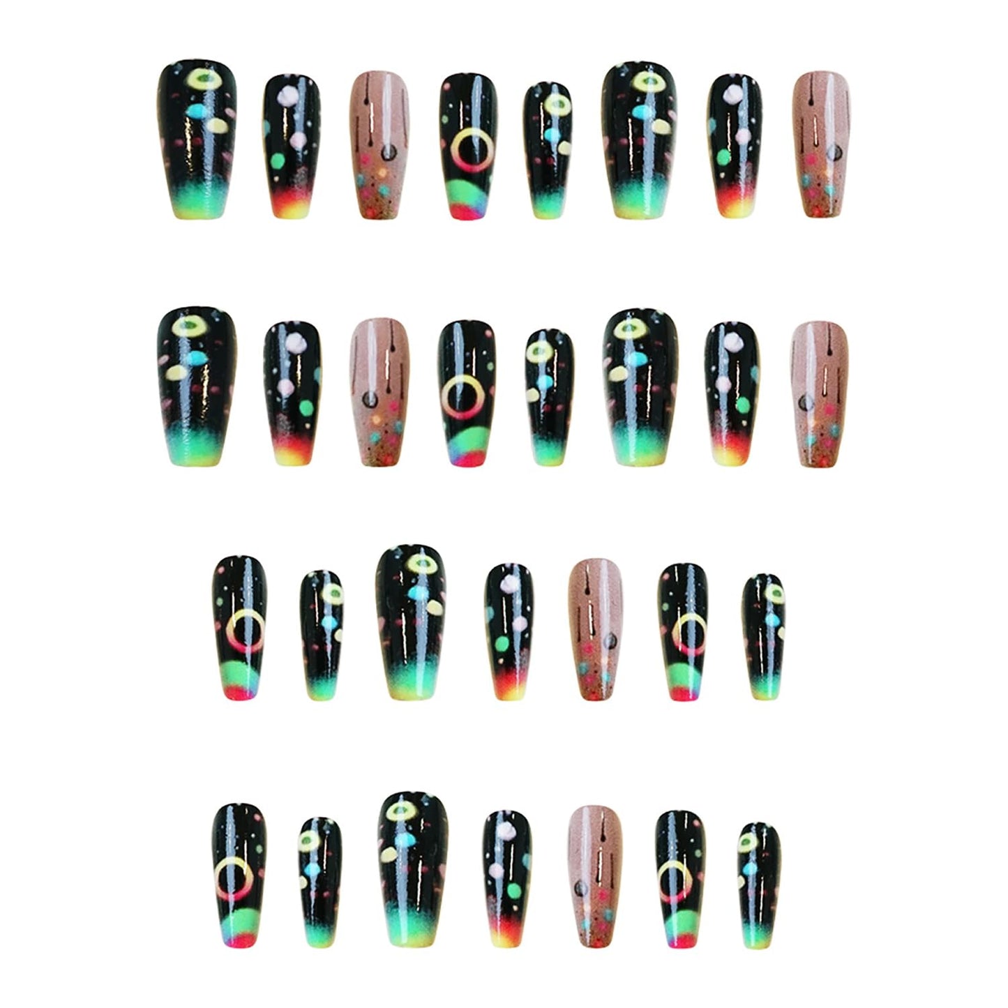 Press on Nails Medium Ballet Shaped Black False Nails Rainbow Gradient Press Nails Colorful Circle Pattern Design Artificial Nails Full Cover Stick on Nails Acrylic Glue on Nails for Women 24Pcs