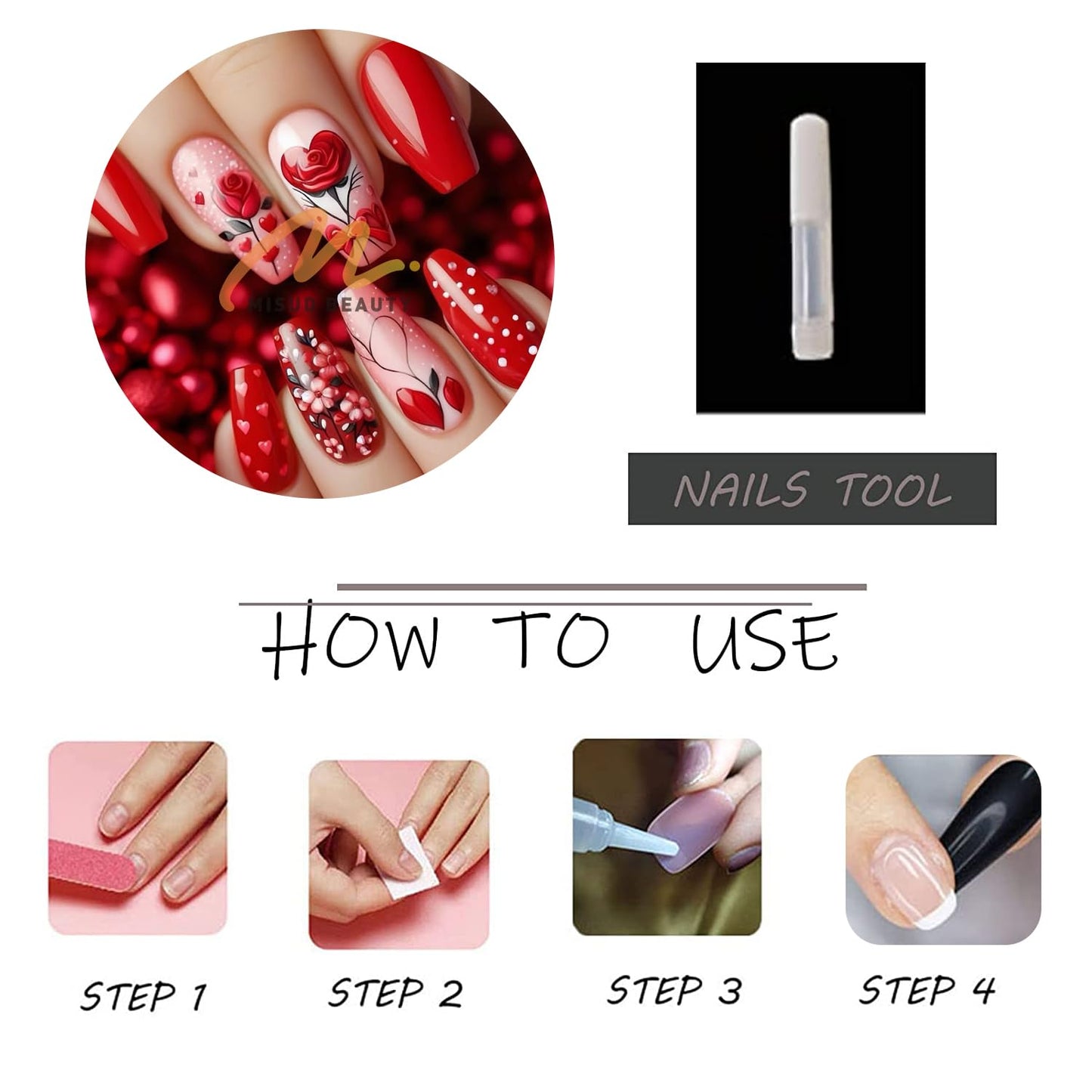MISUD Press on Nails - Long Coffin Fake Nails with Red, Acrylic Valentines Rose Polka Dot Design 24 pcs