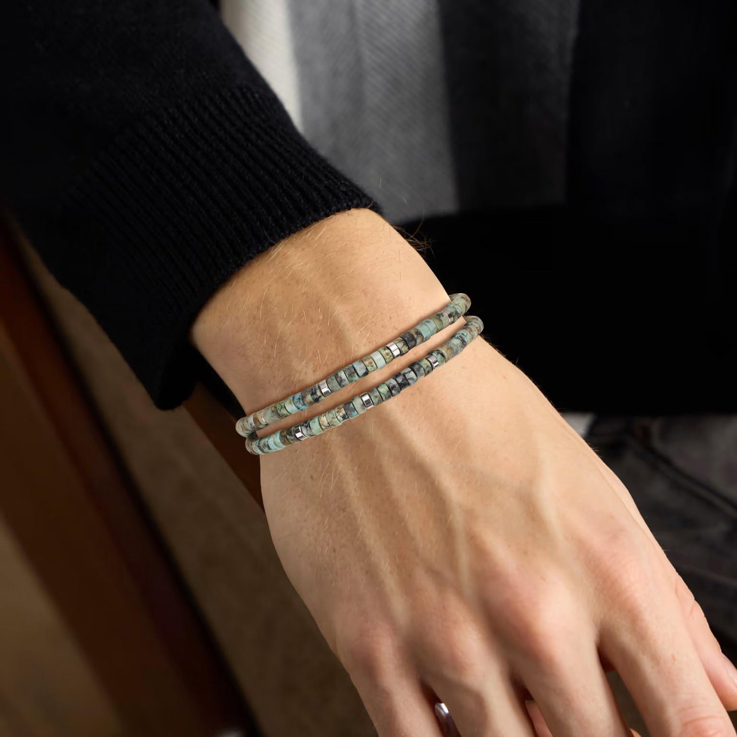 COAI African Turquoise Bracelet for Men, Layered Beaded Gemstone Bracelet for Men L
