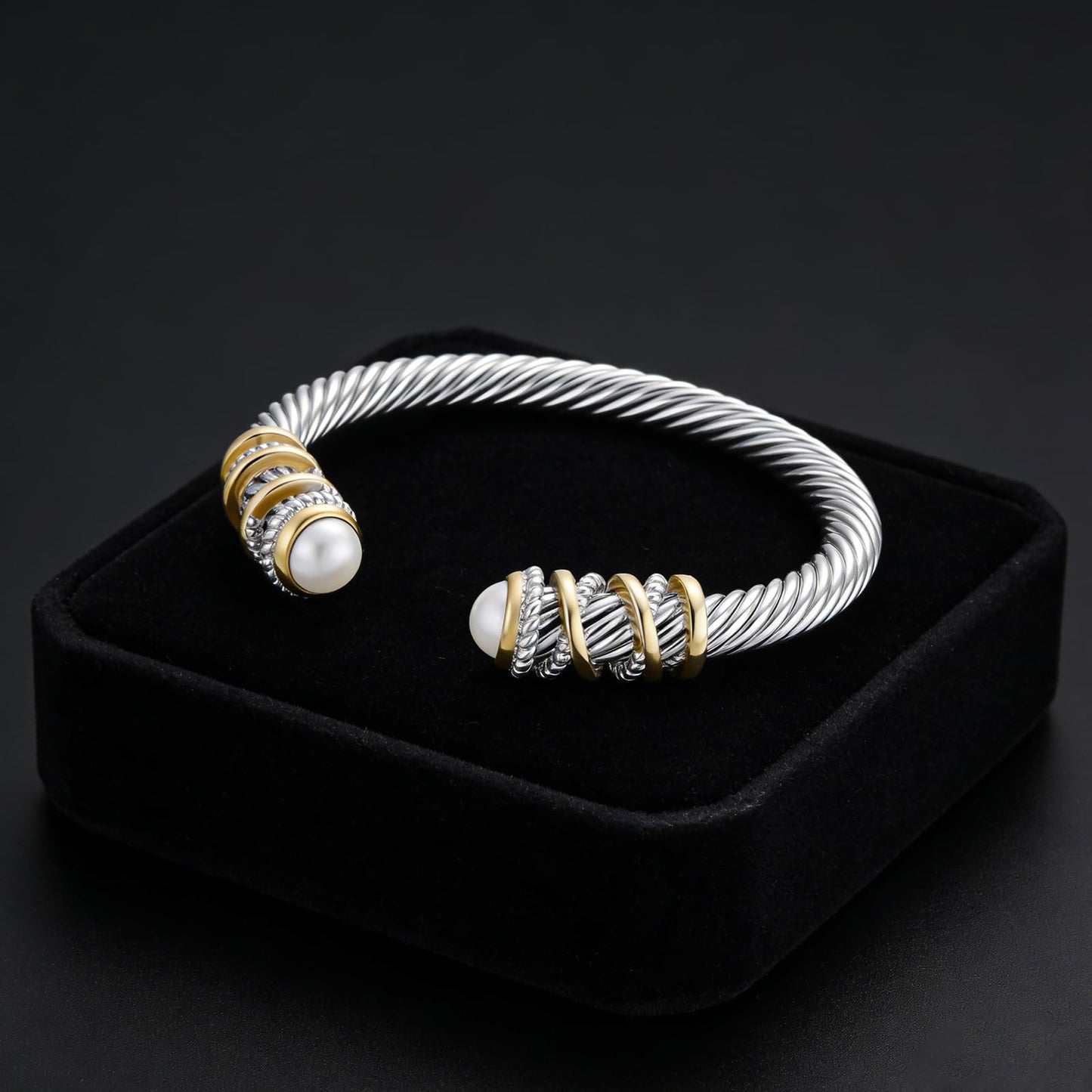 Twisted Cable Open Cuff Bangle Bracelets for Women, Gold Plated Jewelry with Composite Shell Pearl, Adjustable Stainless Steel Bangle for Timeless Elegance