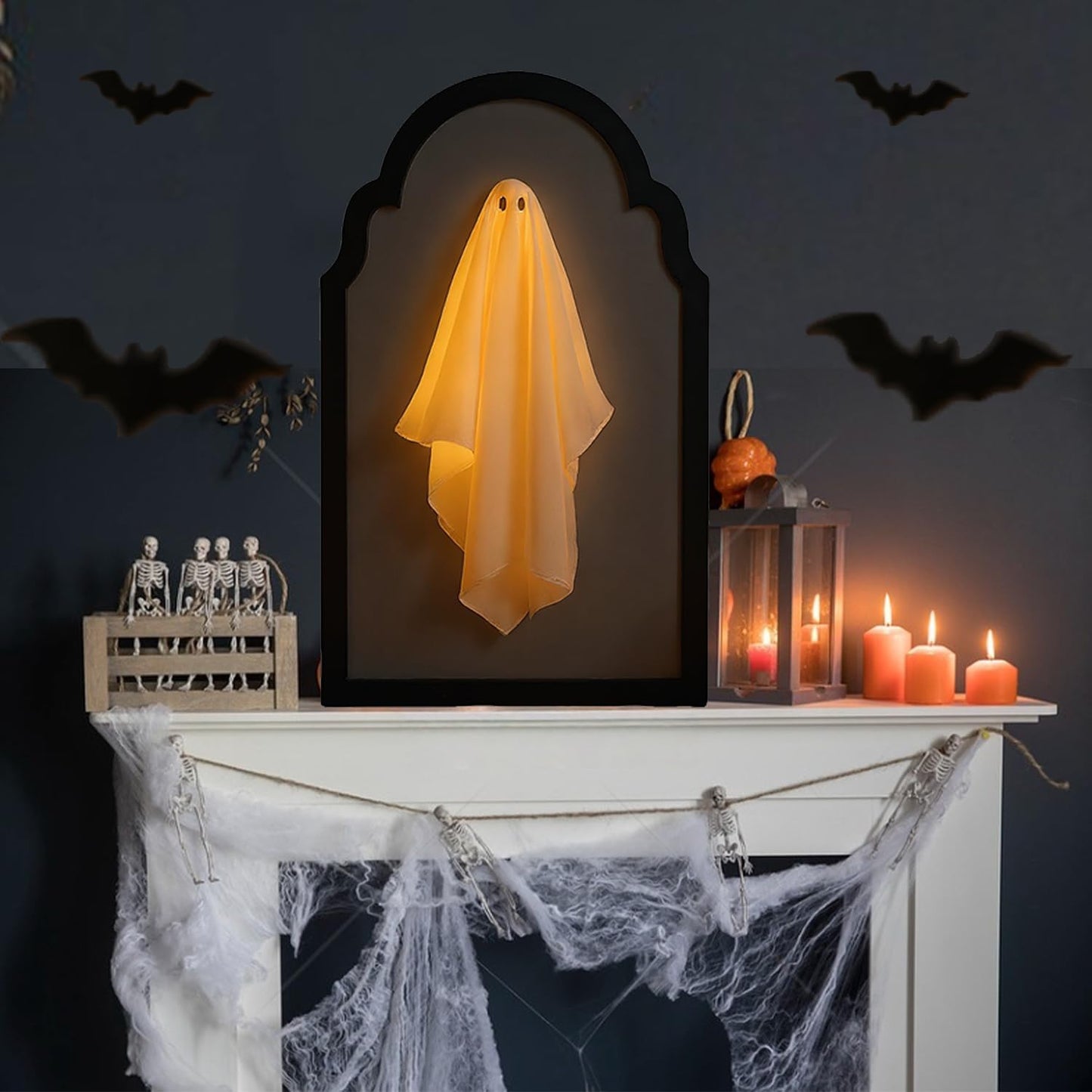 QIPECO Halloween Hologram Ghost Mirror with Creepy Eyes Night Light,Halloween Ghostmirror Spooky Halloween Haunted House Decor,Black Wood Frame (L)