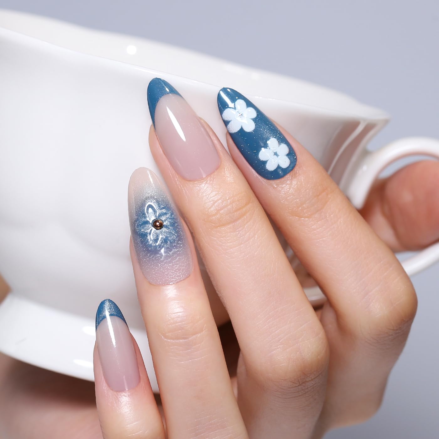 Goolich Glitter Navy Blue French Tip Press On Nails Medium Almond, Bead with 3D Floral Nails Press ons Set with Adhesive Tabs, 24 Pcs 12 Size Reusable Full Cover Glue on Nails for Women