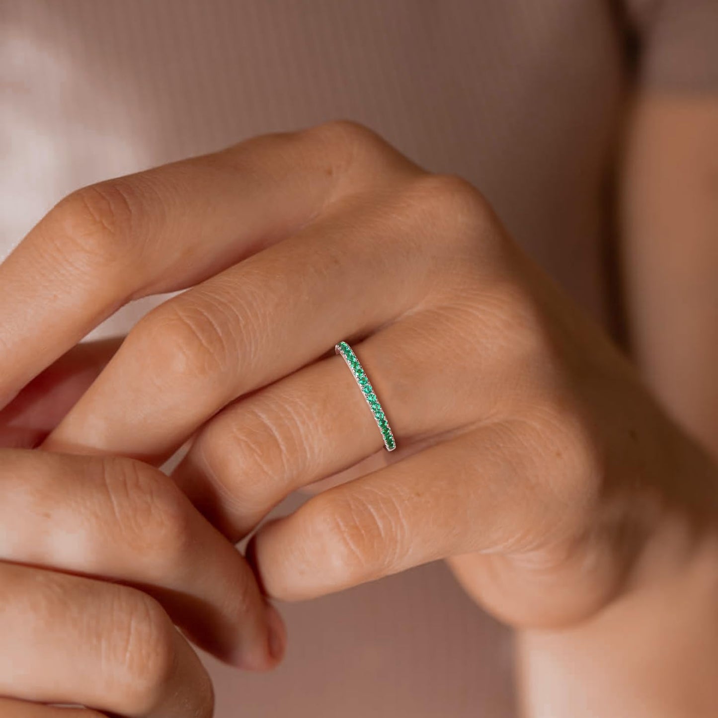 AGRULE Emerald Eternity Band Silver Wedding Rings Men Women Sterling Silver Created May Birthstone Rings 0.3 Carat Green Stone Stackable Cocktail Ring Size 6