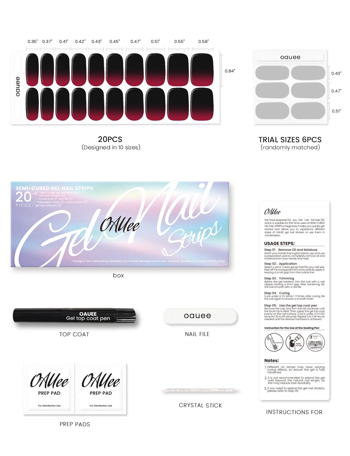 Oauee Semi Cured Gel Nail Strips | Built-In Gel Top Coat | UV Light Required | Salon Quality, Easy Application And Removal (Red and black gradient)