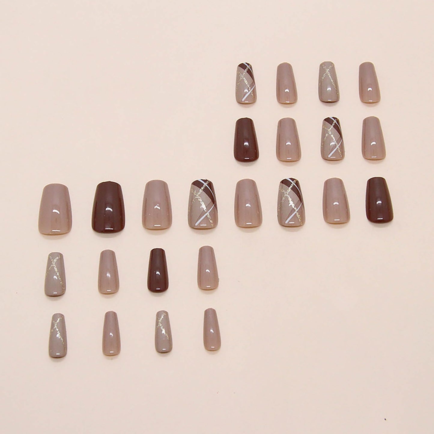 Square Press on Nails Medium Fake Nails Brown False Nails Press ons with Geometric Pattern Glitter Full Cover Acrylic Nails Stick on Nail for Women 24Pcs