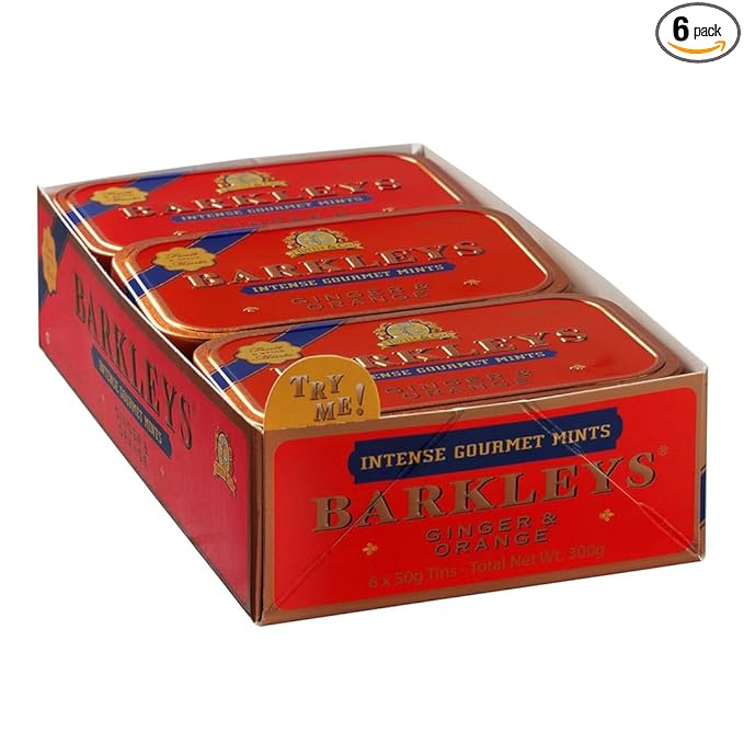 Barkleys Gourmet Ginger & Orange Breath Mints - Strong Ginger & Orange Flavor for Party, After Dinner, Wedding, Vegan Candy Mints In Reusable Classic Travel Tins, 6 Pack - 50 Count Each