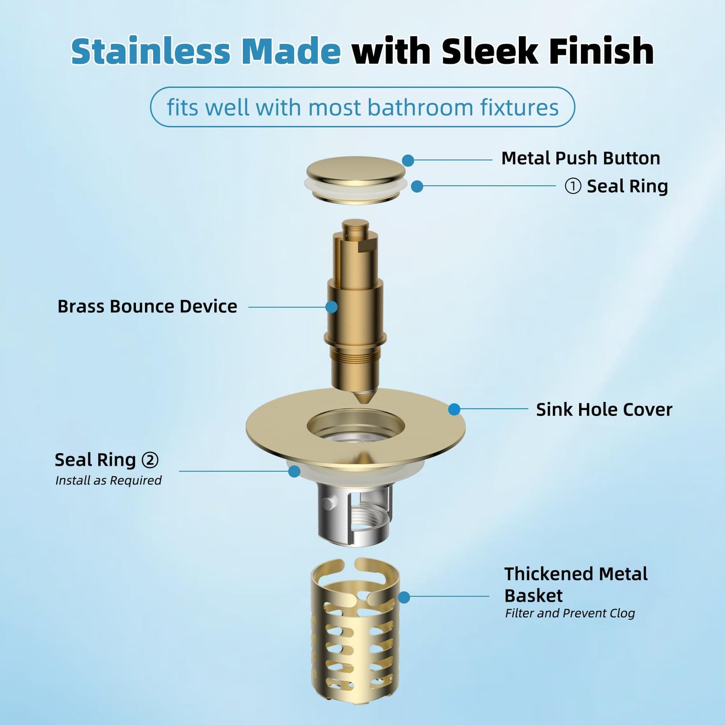 Upgraded Bathroom Sink Drain Strainer Hair Catcher 2PCS Universal 3 in 1 Pop-up Sink Stopper, Fit for 1.1''~2.36'' Basin Hole, with Detachable Stainless Steel Filter Basket, Brushed Gold