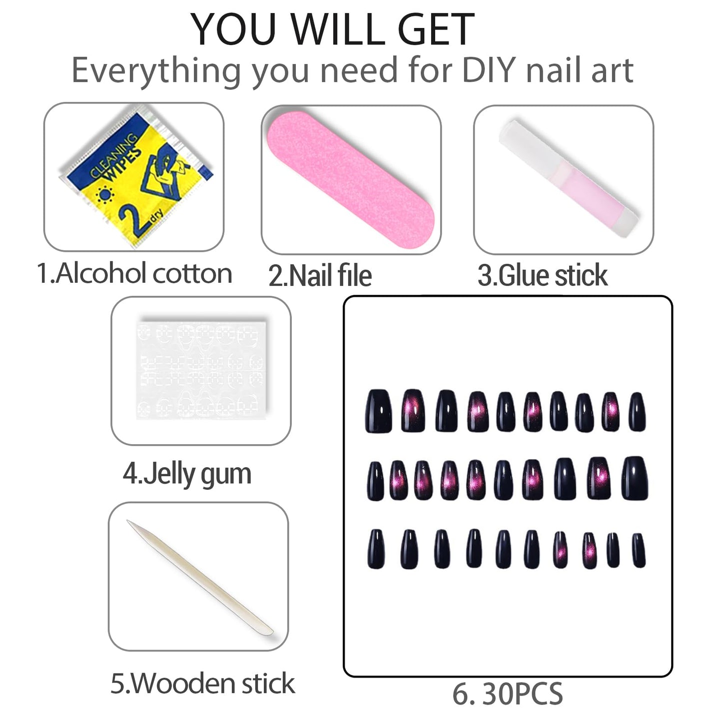 WAFOLOZE Press On Nails Medium Coffin Fake Nails With Glue, Black Cat's Eye Nail Press Ons With Pink Starry Sky Design，Artificial False Nails Stick On Nails for Women-30Pcs