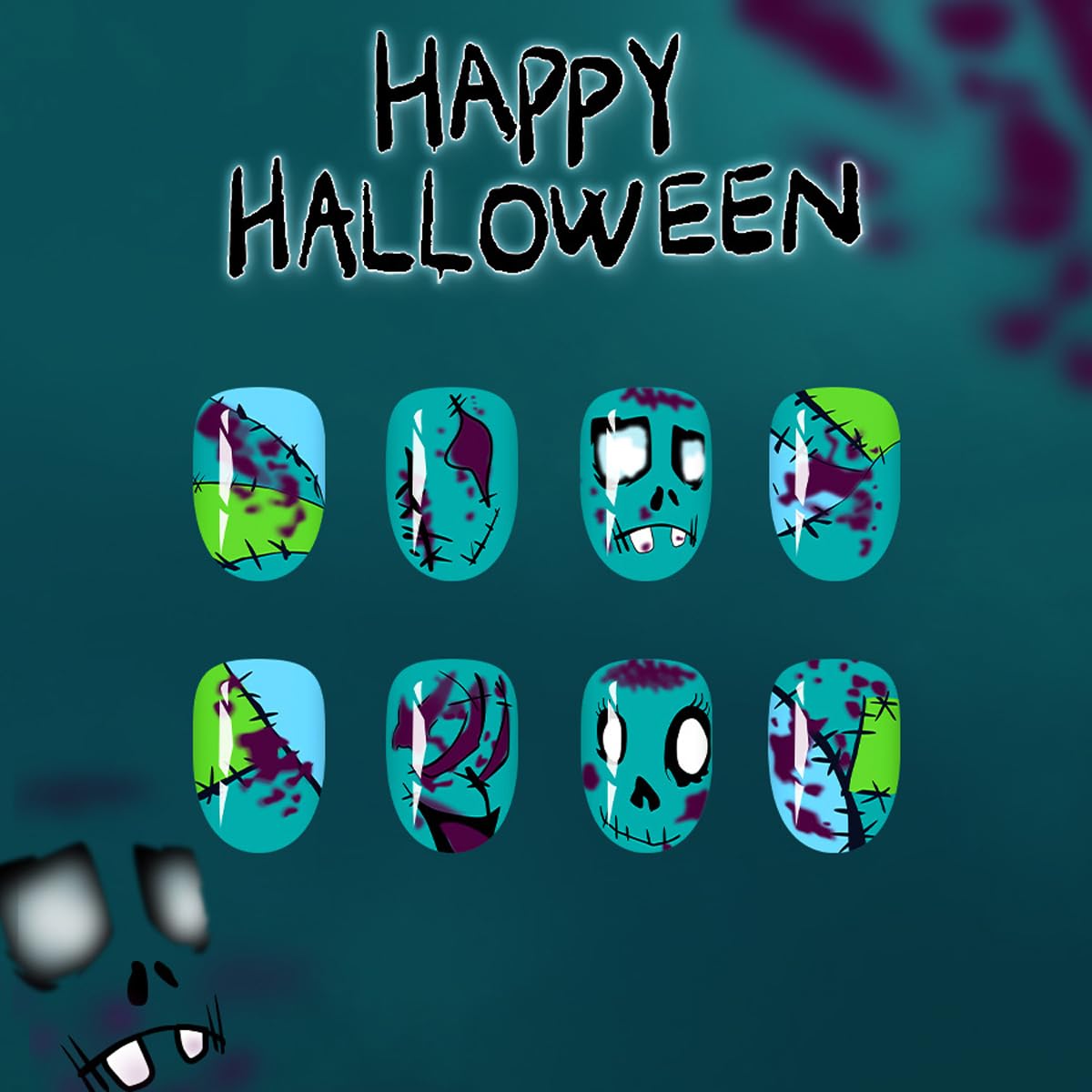 Halloween Green Press on Nails Short Oval Fake Nails Goth Nails Press ons with Zombie Bloodstain Design-Reusable Artificial Nail Full Cover Glossy Glue on Nails Stick on Nails for Women Manicure 24Pcs
