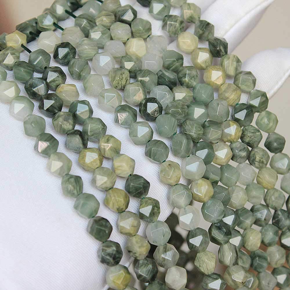 MJDCB Best Sellers Natural Stone Beads Faceted Polygon Grass Green Jade Crystal Energy Stone Healing Power for Jewelry Making(8mm)