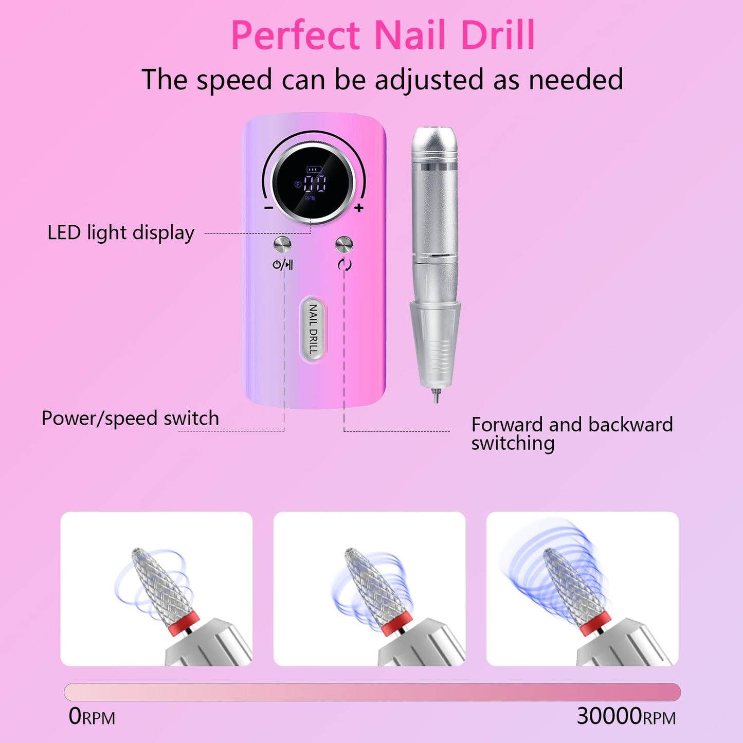SUILU Electric Nail Drill File Professional,30000 RPM Portable Nail Drill Machine Kit Manicure Pedicure Tools Polishing Set with Nail Drill Bits Sanding Bands ﻿ (Dazzling Purple)