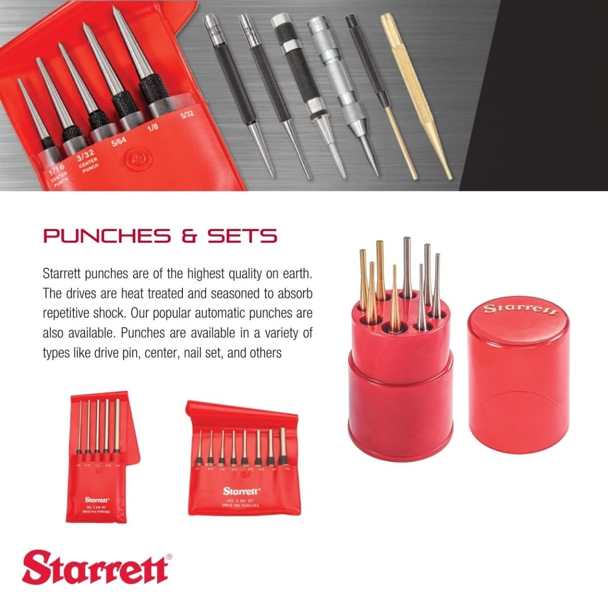 Starrett Nail Set with Large Square Head, Beveled End and Knurled Grip for Secure Holding - Hardened and Tempered Steel, 4" Length, 1/8" Punch Diameter - 800D