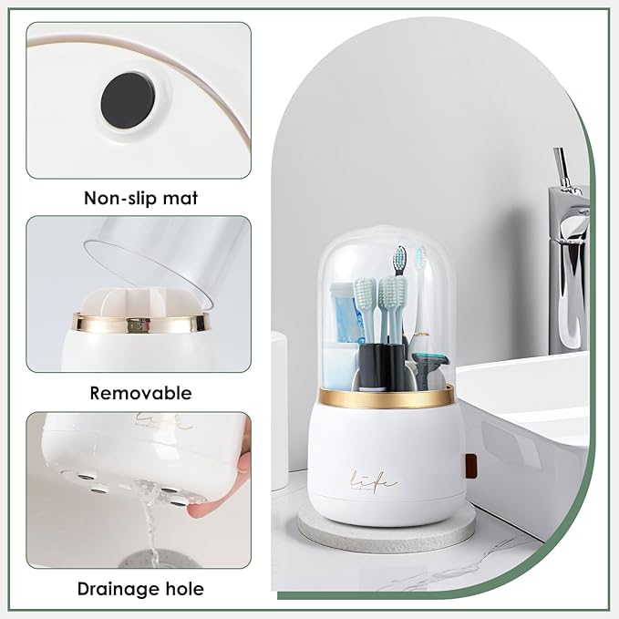 Toothbrush Holders for Bathrooms,Rotating 7-Slot with Cover and Draining Water,Kids Electric Toothbrush Holder and Toothpaste Stand Storage for Bathroom Accessories Counter Organizer Vanity