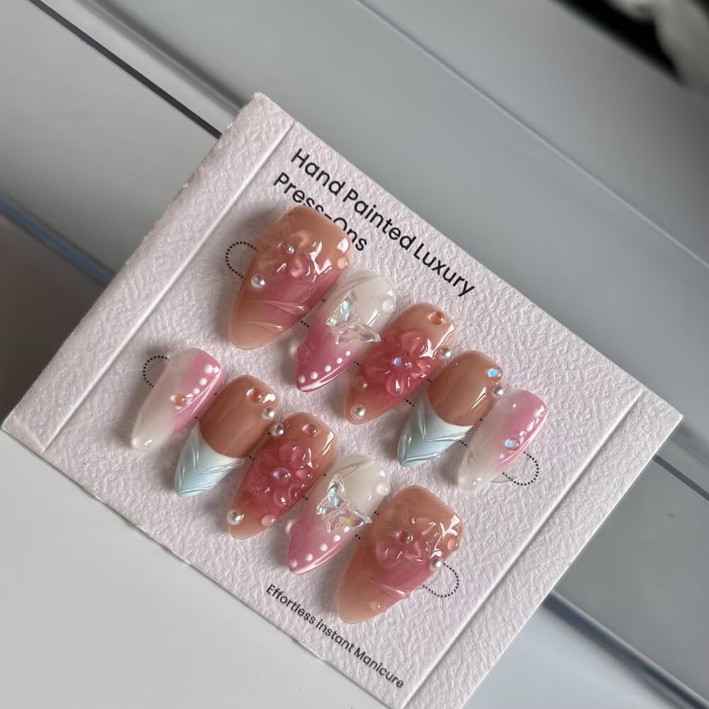 Handmade Press on Nails Medium Almond Blue French Tip False Nails with 3D Pearl Design Stick on Nails Pink Artificial Nail Full Cover Glue on Nails for Women DIY 10 Pcs (Size M）