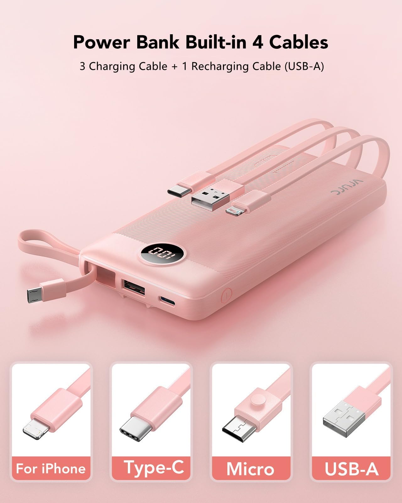 VRURC Portable Charger Power Bank, 10000mAh Travel Essentials Battery Pack, Compact Charging Bank Built-in Cables Cords Compatible with iPhone 17 Pro 17 16 15 14 13, Samsung Phones-Pink(1 Pack)