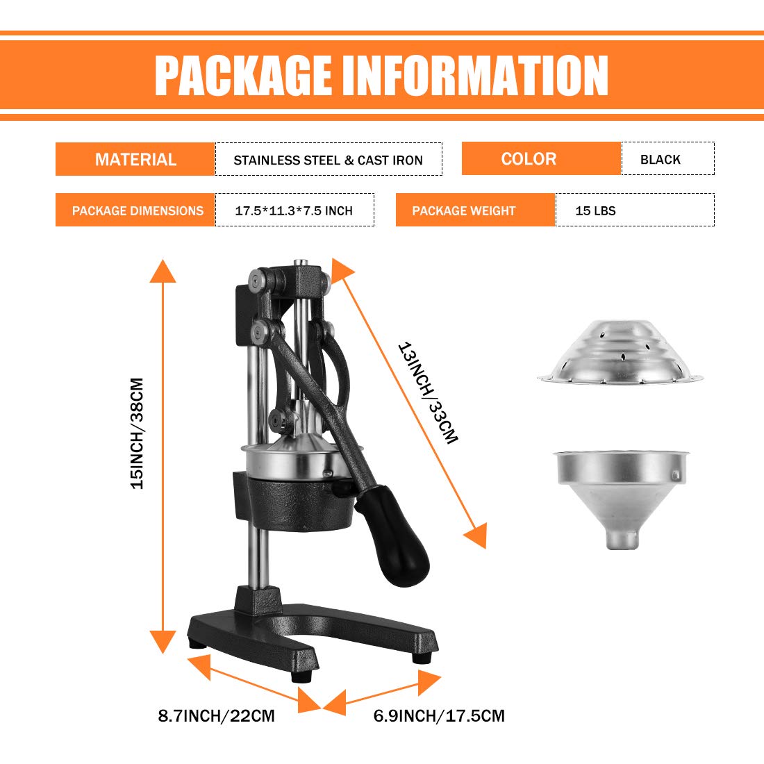 Gowintech Commercial Heavy Duty Cast Iron Hand Press Manual Orange Citrus Lemon Lime Grapefruit Pomegranate Fruit Juice Squeezer Machine with Stainless Steel Cup Black