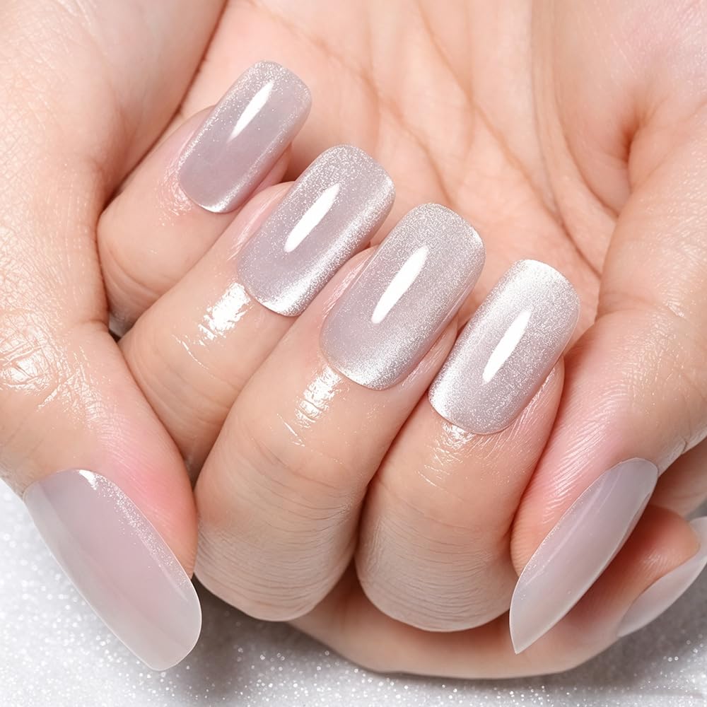 evpct Pearl Cat Eye Press on Nails Square Medium for Women, Pearl White Medium Square No Glue Stick on Nails with Cat Eye Design, Holographic Glossy Soft Nail, Reusable Press on Acrylic Fake Nail