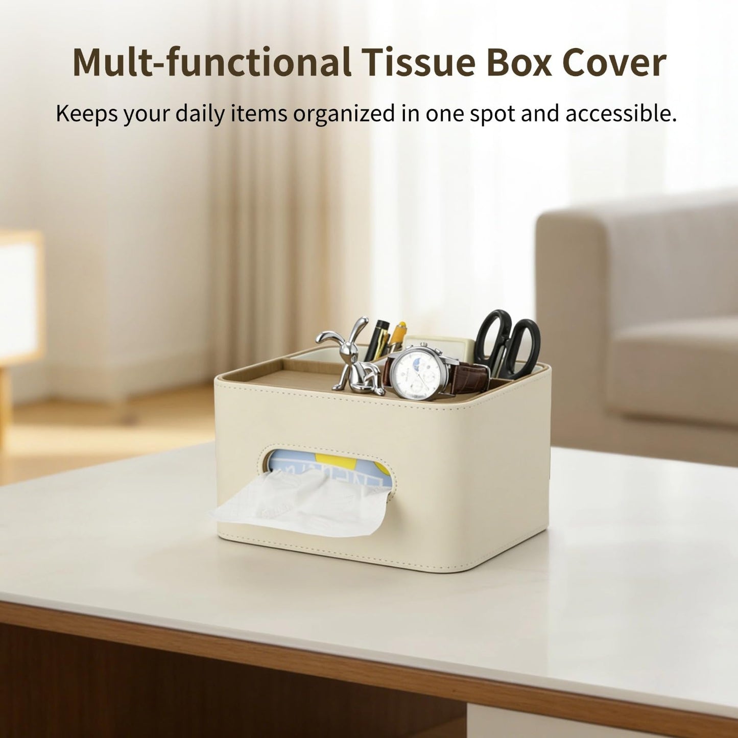 Leather Tissue Box Cover, Tissue Holder with Organizer Compartments, Decorative Desk Remote Holder, Table Storage Caddy for Remote, Glasses, Watch