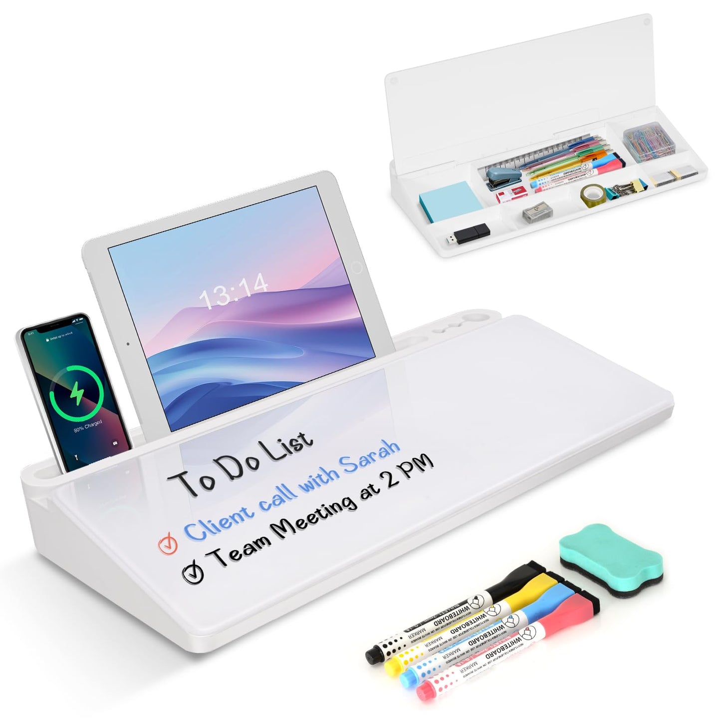 Desktop Glass Whiteboard with Storage, Desk White Board with Computer Keyboard Stand, White Dry Erase Board with Drawers for Home, School, Office Desk Organizers and Accessories