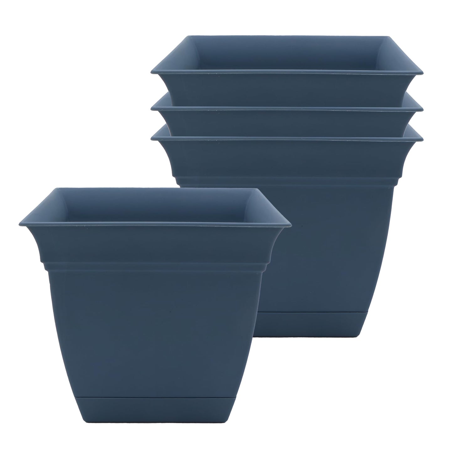 The HC Companies 8 Inch Eclipse Square Planter Pots with Drainage Holes & Attached Saucer, Lightweight UV-Resistant Plastic Indoor Outdoor Planters, 4-Pack Flower Pots, Garden Home Decor, Slate Blue