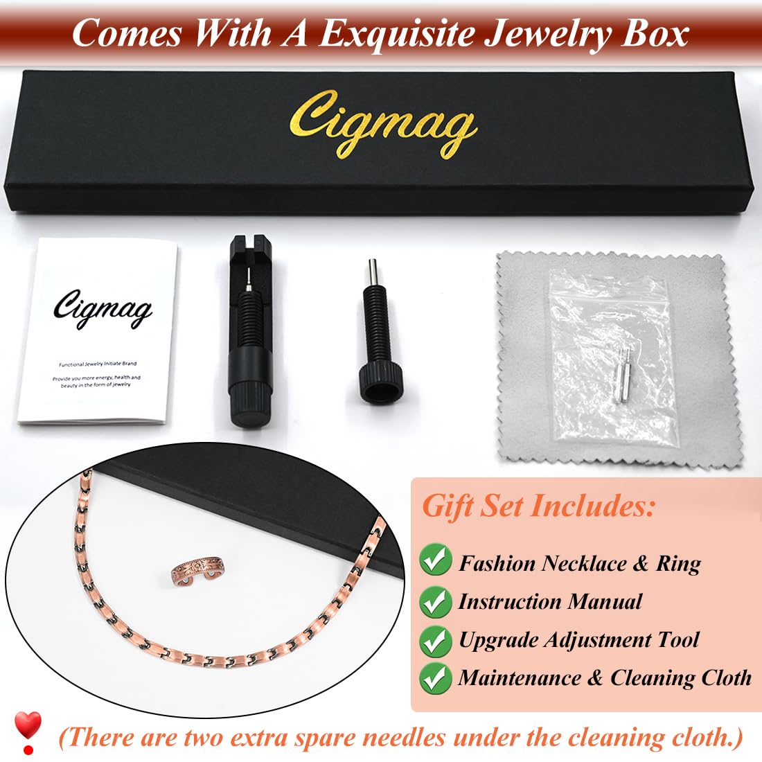 Cigmag Copper Necklace for Women, with 99% Solid Pure Ring Ultra Strength Magnets, Adjustable New Slim and Lightweight
