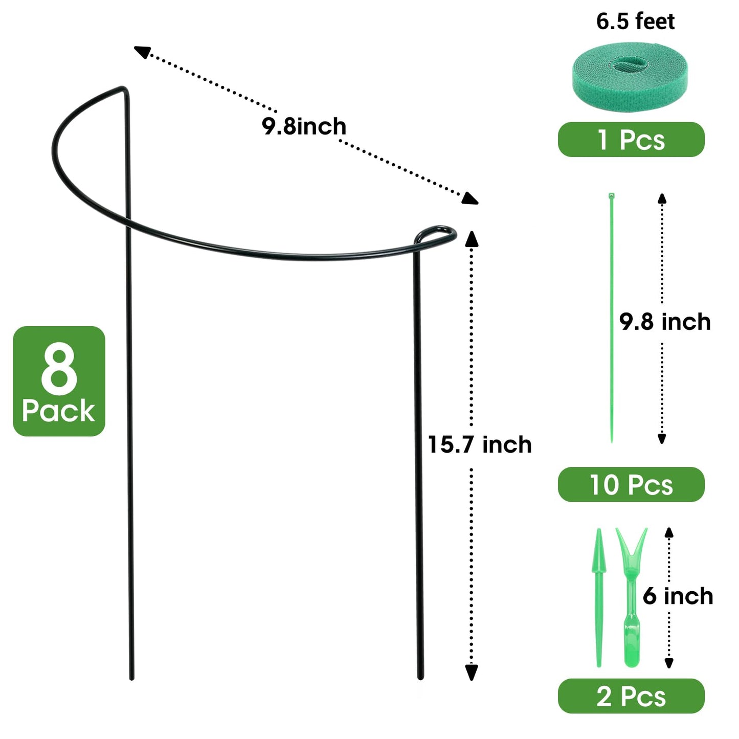 Kikhope Plant Support Stakes, 8 Pack Metal Garden Stakes Plant Cage, Half Round Peony Support Cage, Border Support, Plant Support Rings for Outdoor Indoor Plants, Vegetable, Flowers (9.8" W x 15.7" H)
