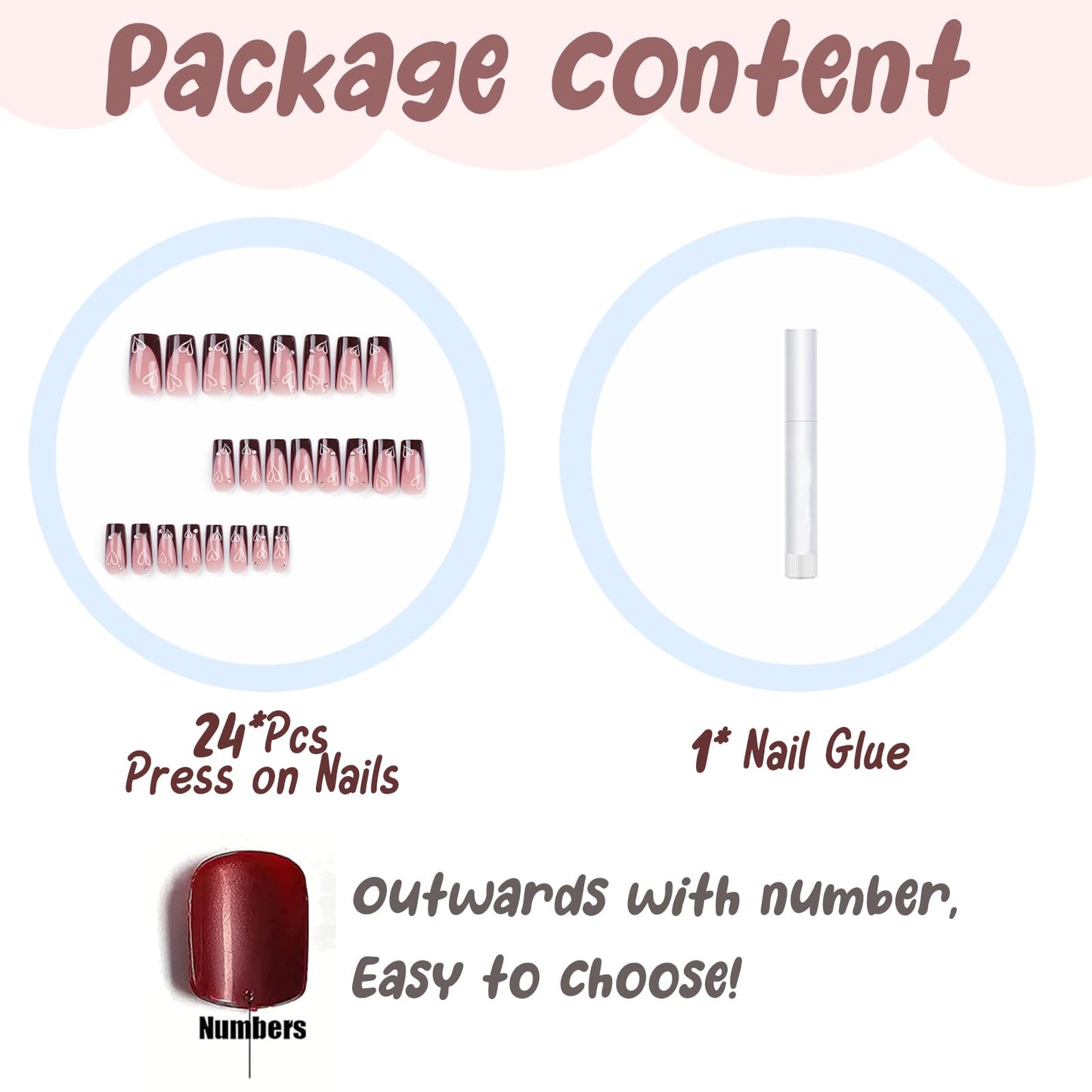 BABALAL Fall French Tip Art Nails Medium Square 24Pcs Squoval Manicure False - Brown Glue on Shiny Acrylic Heart Rhinestone Design Cute Nails for Women & Girls