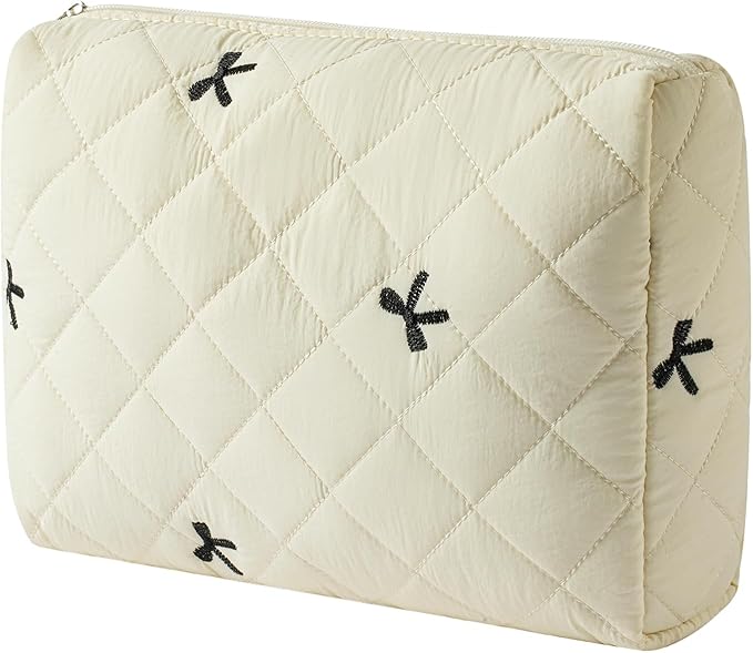 3Pcs Aesthetic Cotton Quilted Drawstring Makeup Bag Set, Aesthetic Cute Bow Makeup Pouch for Girls and Women, Aesthetic Travel Organized Cosmetic Bags for Purse(04Beige Bow)