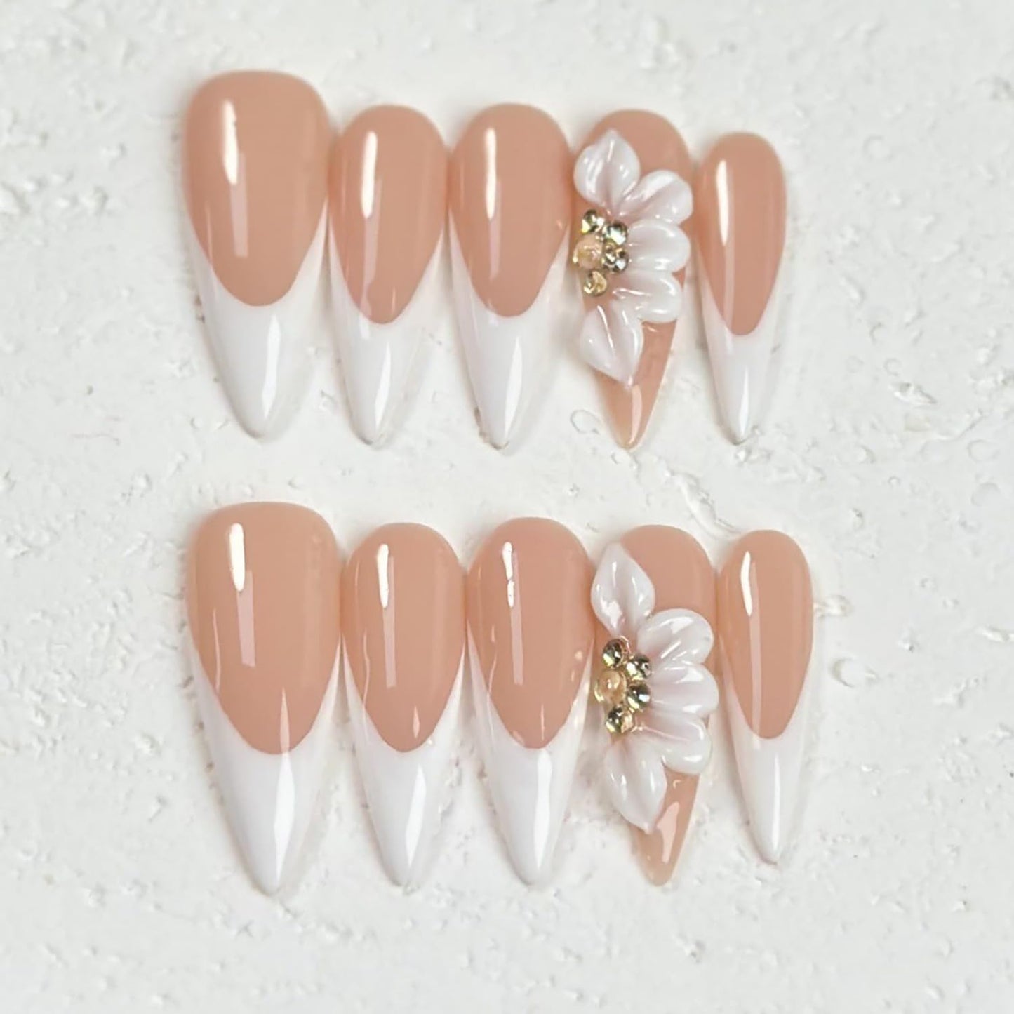 Luxury Press on Nails Long Stiletto Handmade 3D Unique Reusable ABS Material Fake Nails French Tip False Nails with Designs Rhinestones Floral Art Petal Glossy Glue on Nails Thick Acrylic Nails(M)