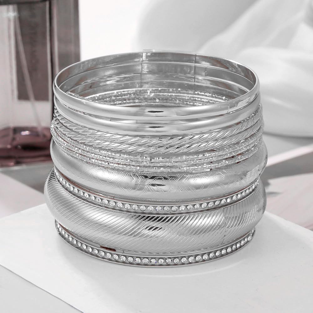 RINTOLER 10Pcs Silver Bangle Bracelets Set for Women - Multi Layer Stackable Textured Chunky Silver Bracelets Boho Jewelrys for Women. (H set 9pc Silver)