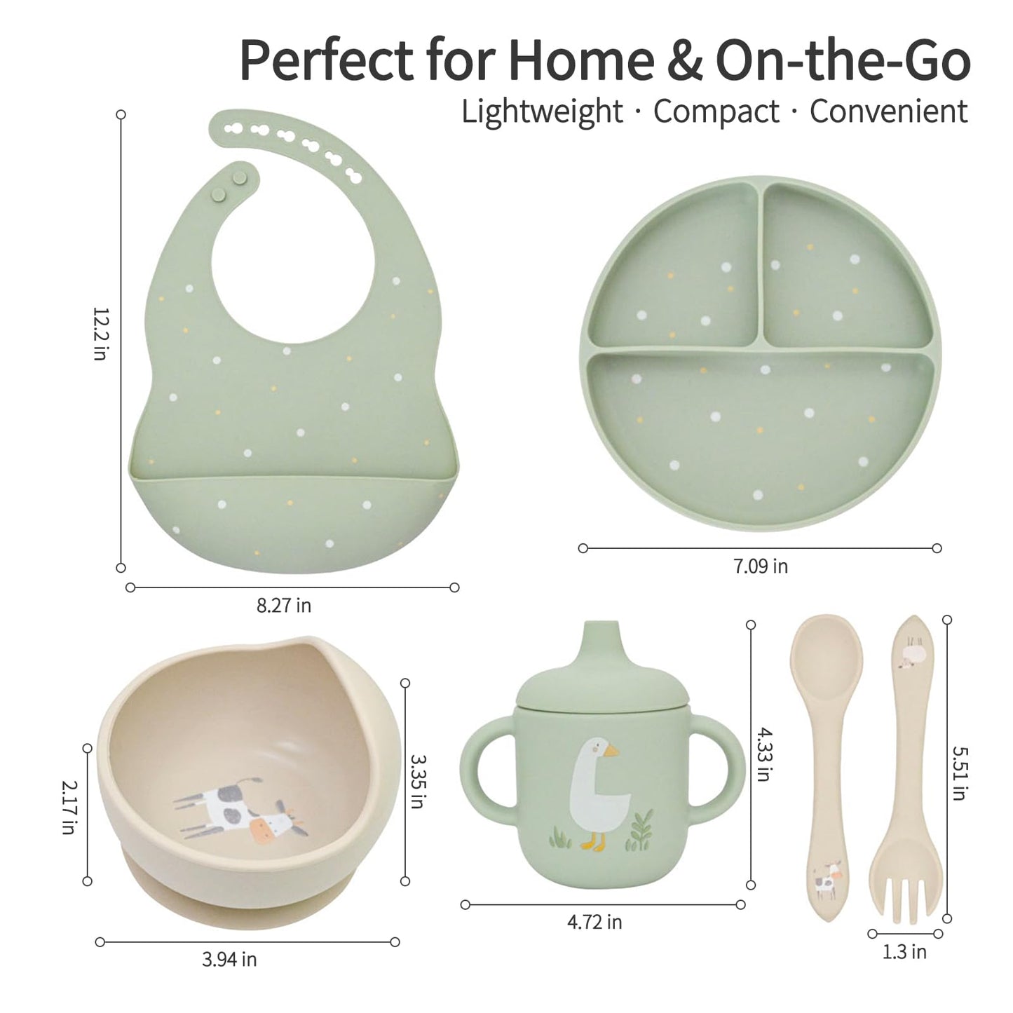Little Rawr Baby Led Weaning Bundle, 100% Silicone Baby Feeding Set Includes Divided Plate, Suction Bowl, Straw Cup, Bib, Spoon & Fork, Develops Self Feeding Skills, Dishwasher Safe (Green)
