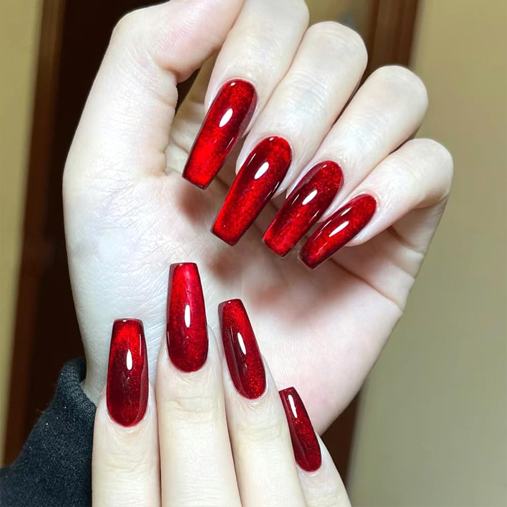 Christmas Red Press on Nails Extra Long Fake Nails 24Pcs Square with Sparm Cat Eye Designs Acrylic False Nails Press ons Artificial Stick on Nails for Valentines Xmas Women Girls Manicure