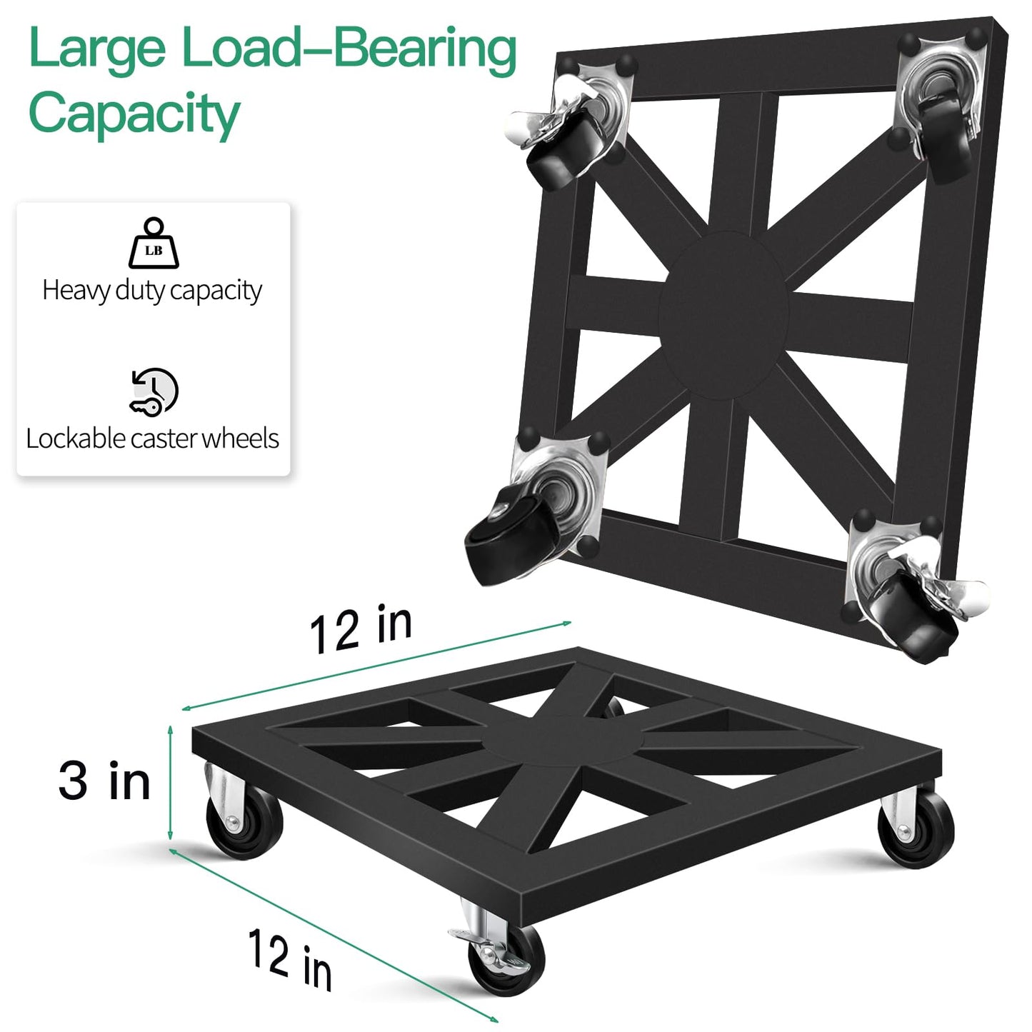 LLAXERGU Plant Caddy with Wheels, 12'' 2 Pack Metal Rolling Plant Stand Square Plant Dolly with Iron Lockable Casters Heavy Duty Pot Mover Rollers, Holds up 400 Lbs Planter
