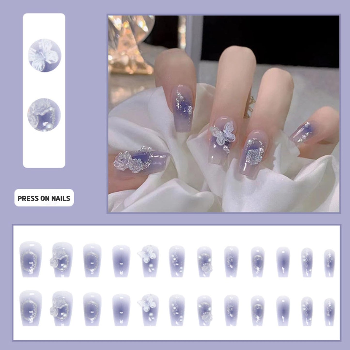 Hkanlre Press on Nails Purple Medium Fake Nails Tips Full Cover Gradient False Coffin Butterfly Nails for Women and Girls 24PCS