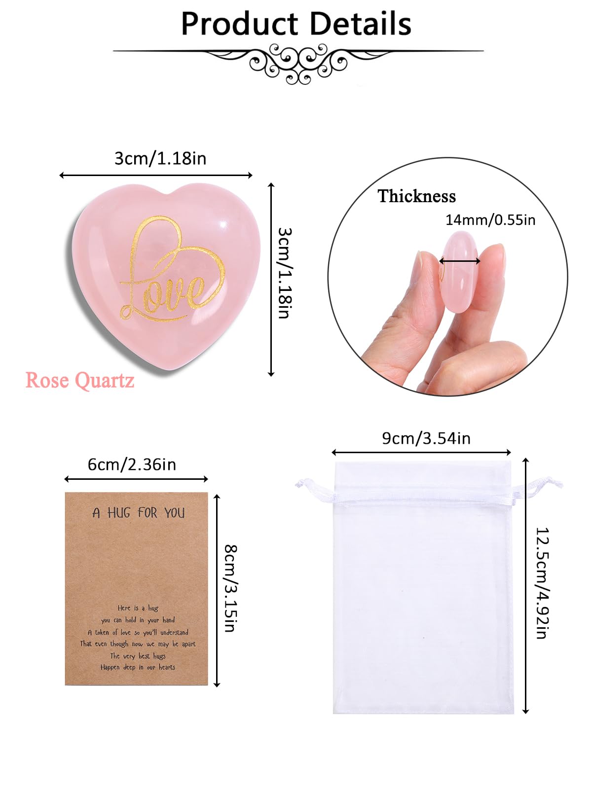 Jovivi Pocket Hug Heart Token,Natural Crystals and Healing Stones with Hug Cards Rose Quartz Love Heart Gemstone Gift