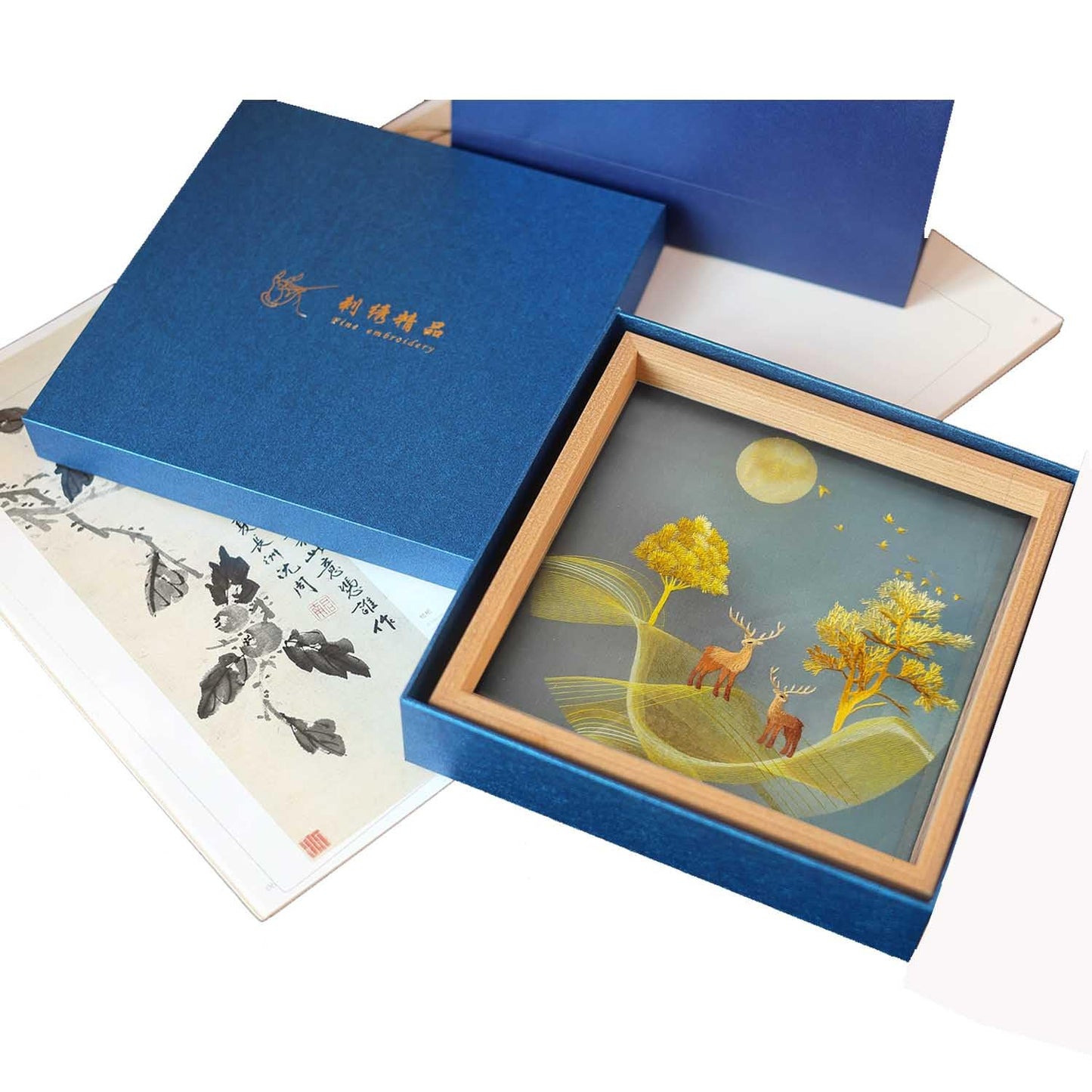 ozlvii Double-Sided Auspicious Deer Embroidery Art - Handcrafted Silk Embroidery with Display Stand, Symbol of Prosperity Home Decor, Oriental Blessing Gift for Good Fortune