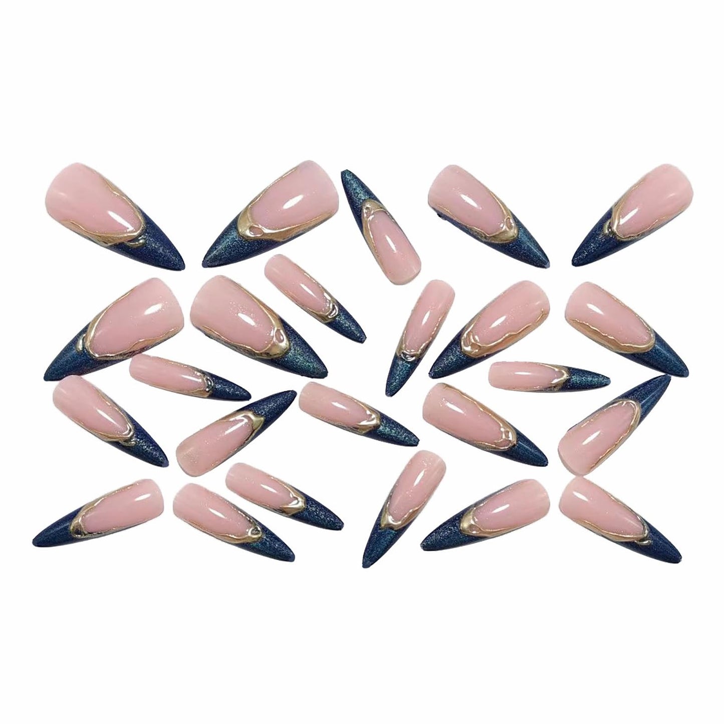 MISUD Press on Nails - Long Stiletto Fake Nails with Blue Cat Eye, Acrylic Gold Chrome Design 24 pcs