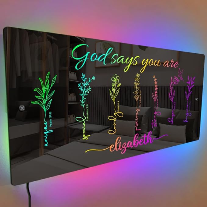 Personalized Affirmation Mirror LED Light - I Am Mirror - Name Light Up Sign for Wall RGB Light - LED Name Sign - Personalized Mirror Name Sign - Handmade Led Mirror for Bedroom (God Says You Are)